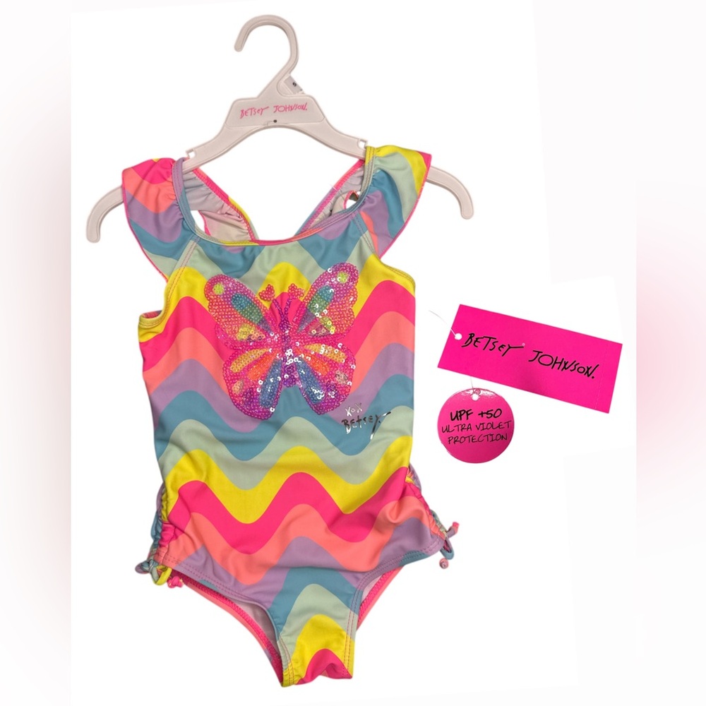 Betsey Johnson Butterfly Sequin Pink Blue Swimsuit Bathing Suit One Piece Girl 5